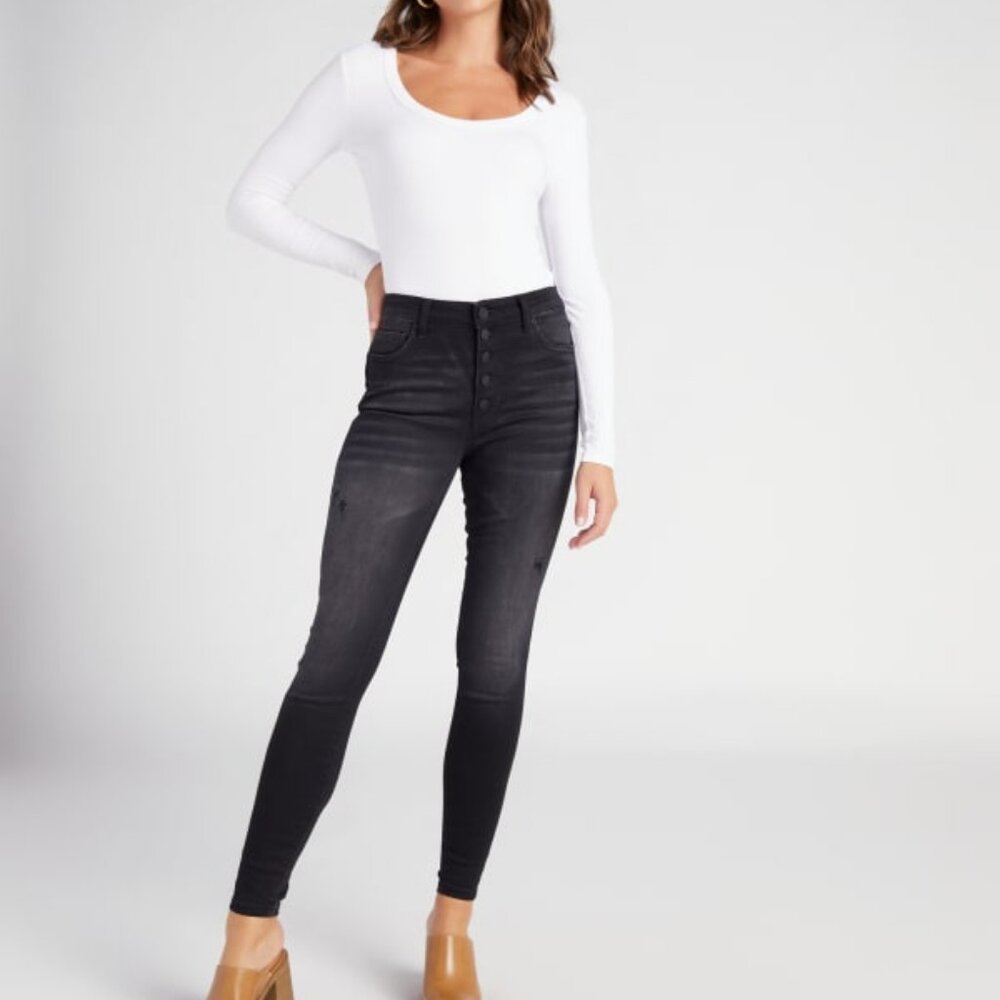 Kut From The Kloth Mia High Rise Fab Ab Skinny Button Front Dark Gray Black Wash